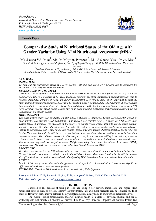 (PDF) Comparative Study of Nutritional Status of the Old Age with ...