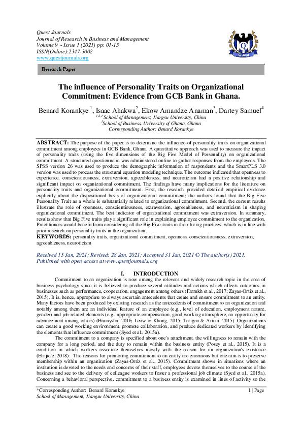 (PDF) The influence of Personality Traits on Organizational Commitment ...