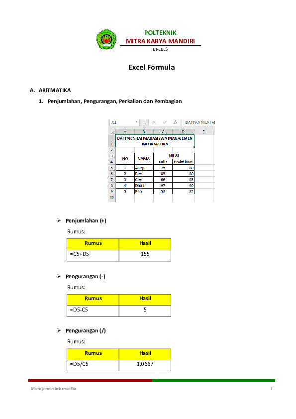 (PDF) Microsoft Excel Formula