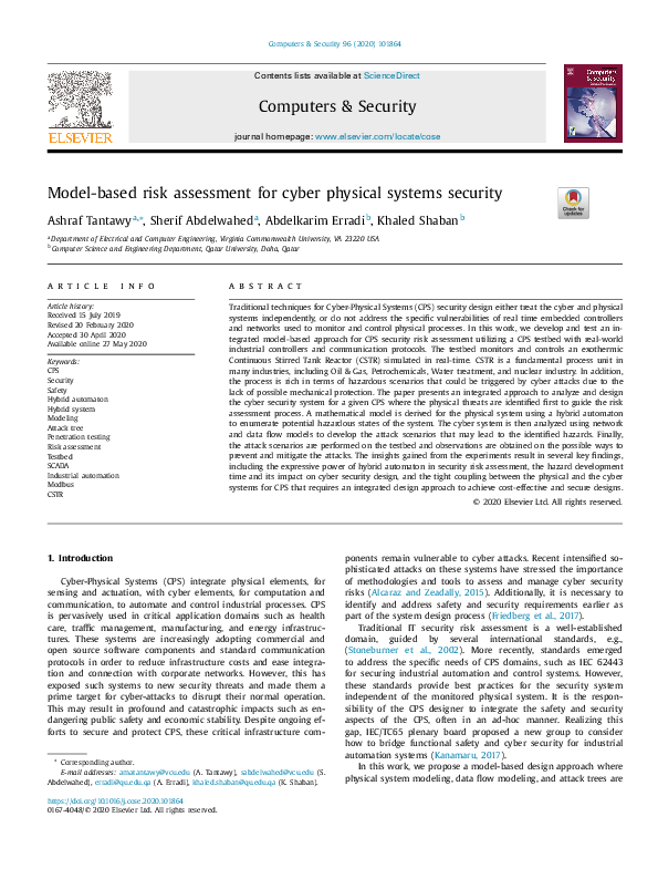 (PDF) Model-Based Risk Assessment for Cyber Physical Systems Security