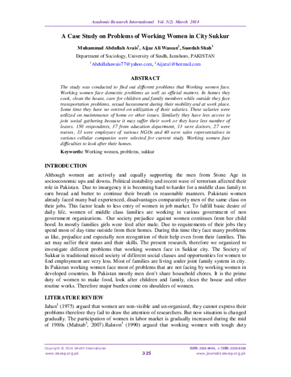 (PDF) A Case Study on Problems of Working Women in City Sukkur