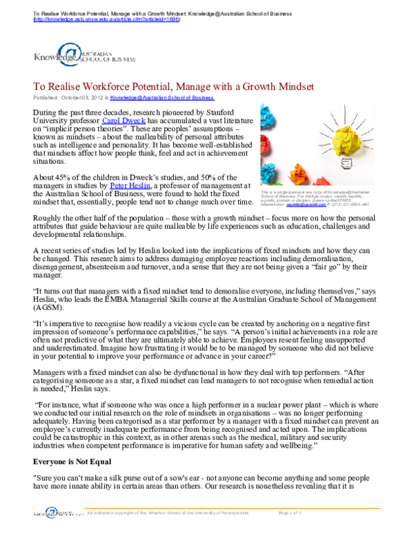 (PDF) To realise workforce potential, manage with a growth mindset