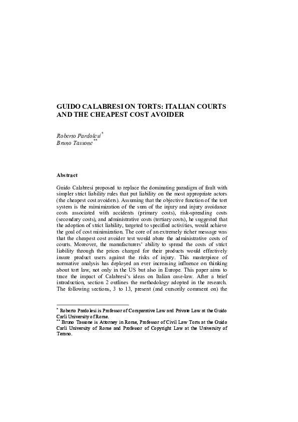 (PDF) Guido Calabresi on Torts Italian Courts and the Cheapest Cost