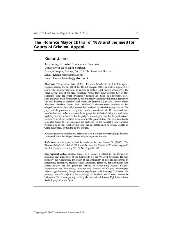 PDF The Florence Maybrick Trial Of 1889 And The Need For Courts Of   PDF The Florence Maybrick Trial Of 1889 And The Need For Courts Of