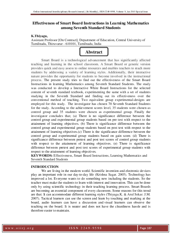 (PDF) Effectiveness of Smart Board Instructions in Learning Mathematics ...