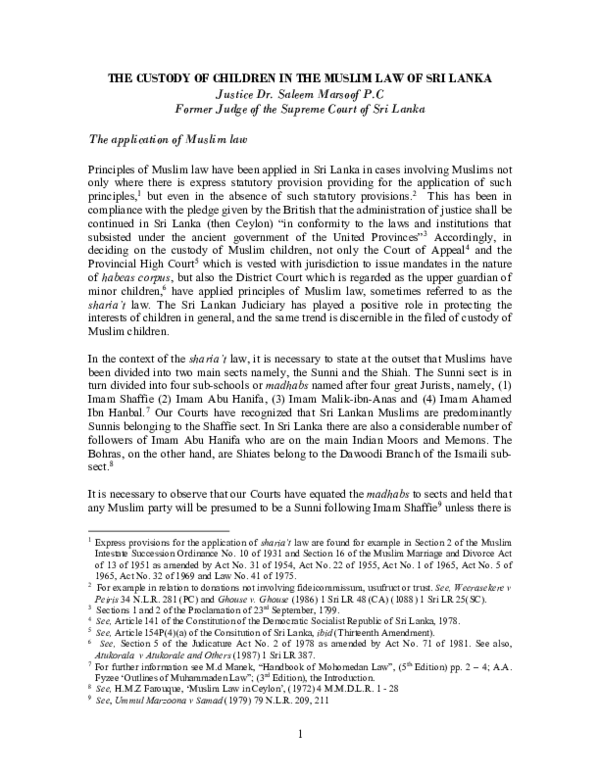 (PDF) The Custody of Children in the Muslim Law of Sri Lanka Saleem