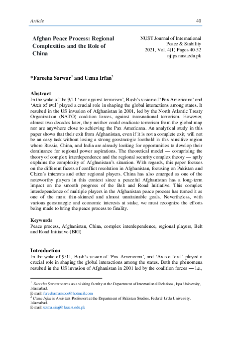 (PDF) Afghan Peace Process Regional Complexities and the Role of China