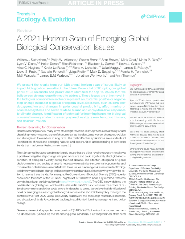 (PDF) A 2021 Horizon Scan of Emerging Global Biological Conservation Issues