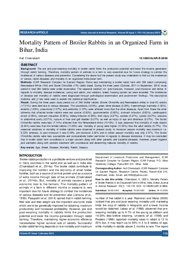 (PDF) Mortality Pattern of Broiler Rabbits in an Organized Farm in ...