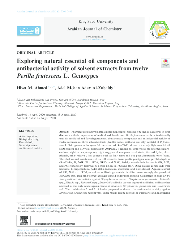 Pdf Exploring Natural Essential Oil Components And Antibacterial Activity Of Solvent Extracts From Twelve Perilla Frutescens L Genotypes Production And Hosting By Elsevier Hiwa M Ahmed Academia Edu