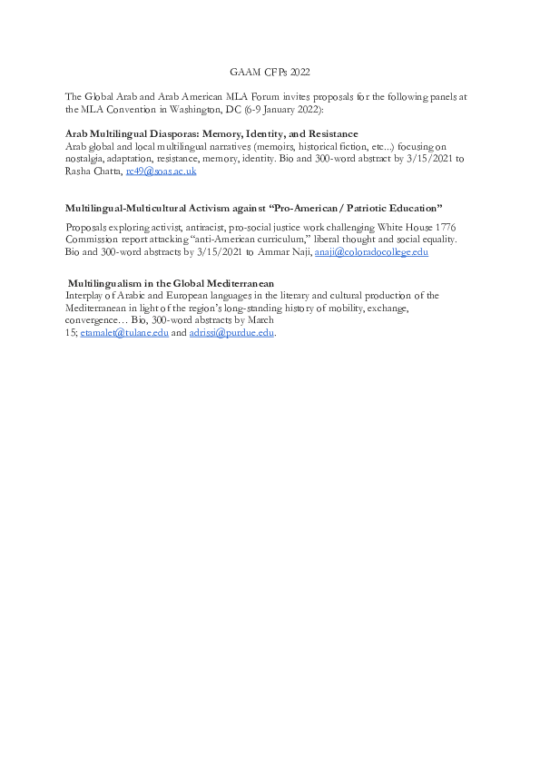 (PDF) CFP MLA 2022 Rasha Chatta and Edwige Tamalet Talbayev