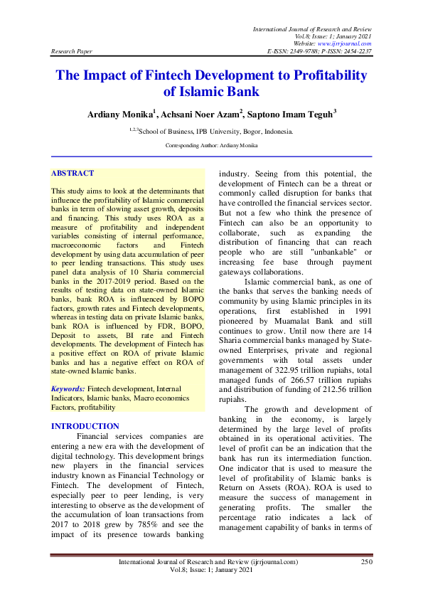 (PDF) The Impact of Fintech Development to Profitability of Islamic Bank