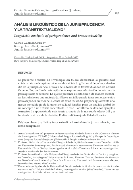 (PDF) ANÁLISIS LINGÜÍSTICO DE LA JURISPRUDENCIA Y LA TRANSTEXTUALIDAD ...