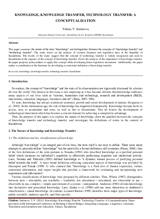 (PDF) Knowledge, Knowledge Transfer, Technology Transfer: A ...