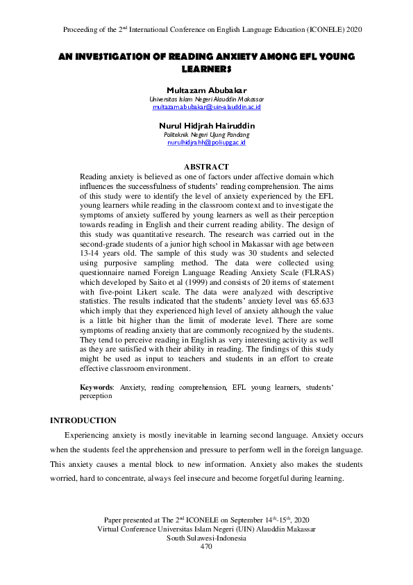 (PDF) AN INVESTIGATION OF READING ANXIETY AMONG EFL YOUNG LEARNERS ...