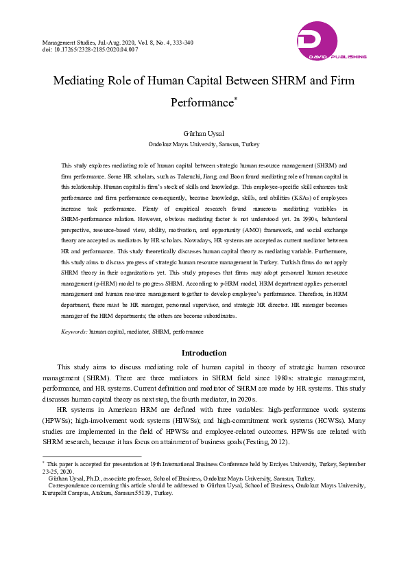 (PDF) Mediating Role of Human Capital Between SHRM and Firm Performance