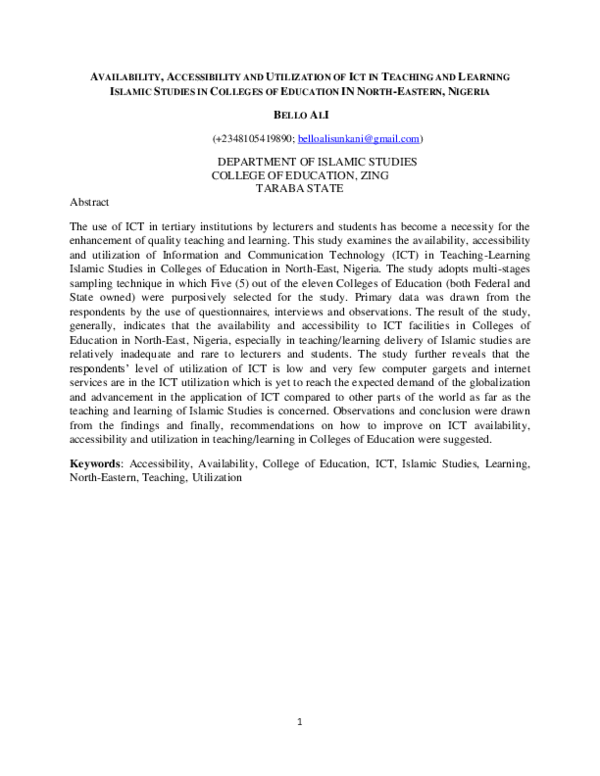 (PDF) AVAILABILITY, ACCESSIBILITY AND UTILIZATION OF ICT IN TEACHING ...