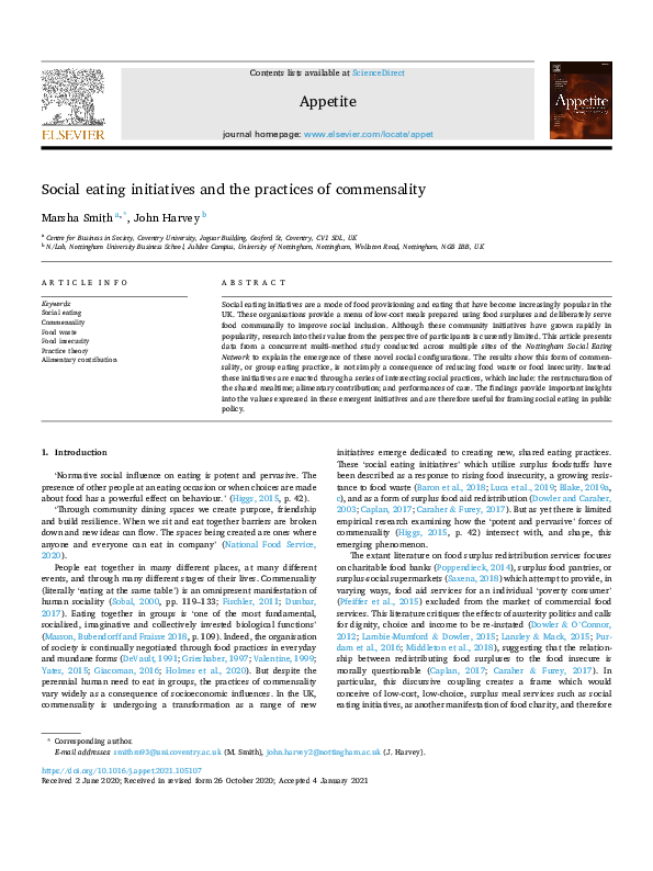 (PDF) Social eating initiatives and the practices of commensality