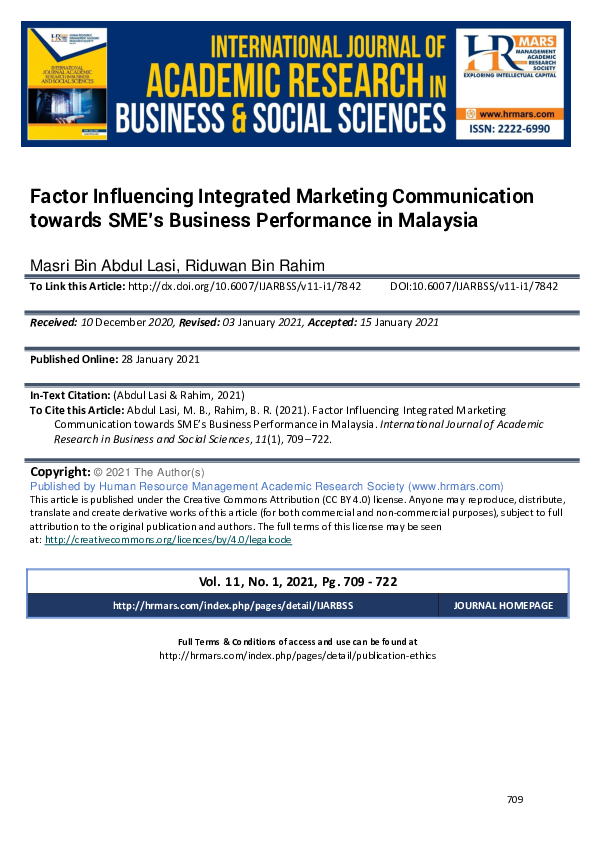 Pdf Factor Influencing Integrated Marketing Communication Towards Sme S Business Performance In Malaysia Masri Abdul Lasi Academia Edu