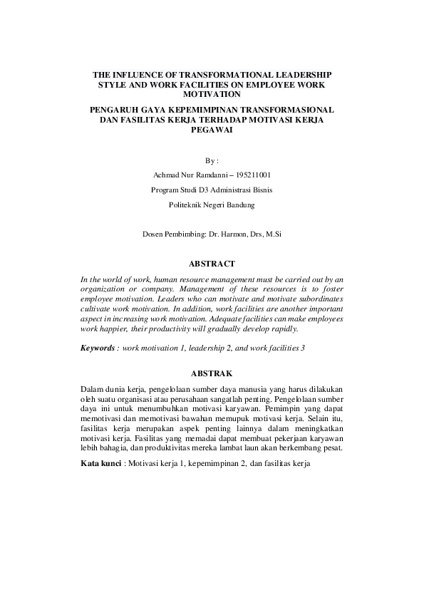 (PDF) THE INFLUENCE OF TRANSFORMATIONAL LEADERSHIP STYLE AND WORK ...
