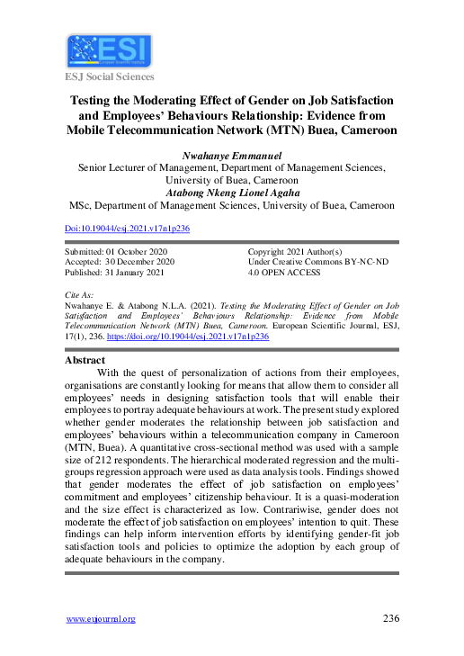 (PDF) Testing the Moderating Effect of Gender on Job Satisfaction and ...