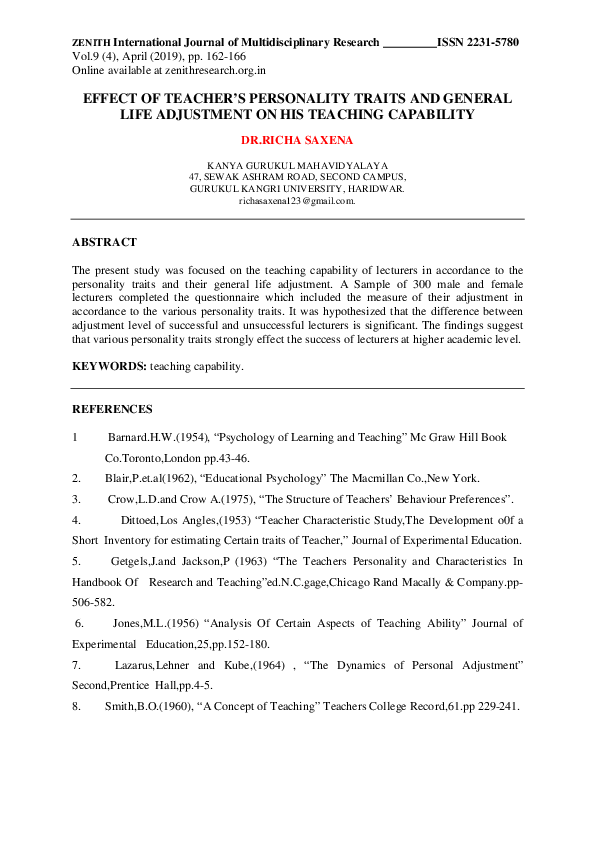 (PDF) EFFECT OF TEACHER’S PERSONALITY TRAITS AND GENERAL LIFE ...