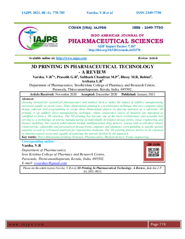 (PDF) PHARMACEUTICAL SCIENCES SJIF Impact Factor: 7.187 3D PRINTING IN ...