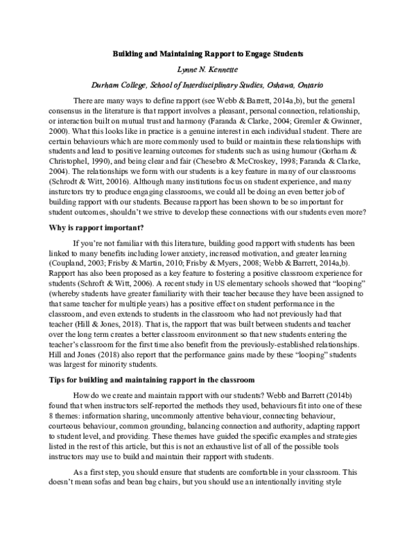 (DOC) Building and Maintaining Rapport to Engage Students
