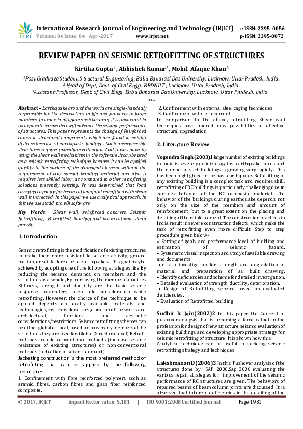 (PDF) REVIEW PAPER ON SEISMIC RETROFITTING OF STRUCTURES
