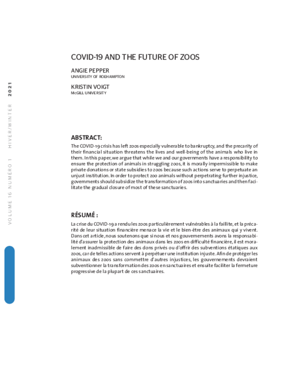 (PDF) COVID19 AND THE FUTURE OF ZOOS Angie Pepper and Kristin Voigt