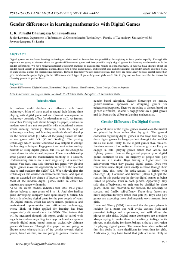 (PDF) Gender differences in learning mathematics with Digital Games