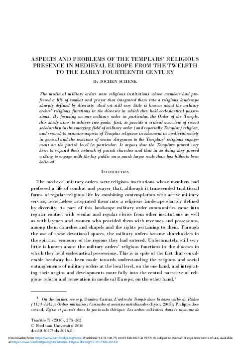 ASPECTS AND PROBLEMS OF THE TEMPLARS' RELIGIOUS PRESENCE IN MEDIEVAL EUROPE FROM THE TWELFTH TO THE EARLY FOURTEENTH CENTURY
