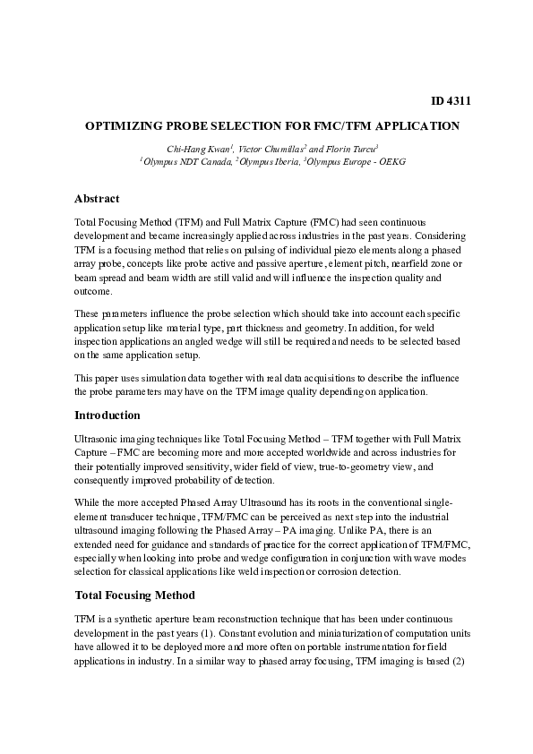 (PDF) ID 4311 OPTIMIZING PROBE SELECTION FOR FMC/TFM APPLICATION