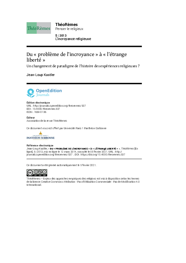 (PDF) Du « problème de l’incroyance » à « l’étrange liberté » un