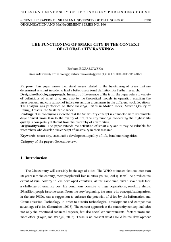 (PDF) THE FUNCTIONING OF SMART CITY IN THE CONTEXT OF GLOBAL CITY RANKINGS