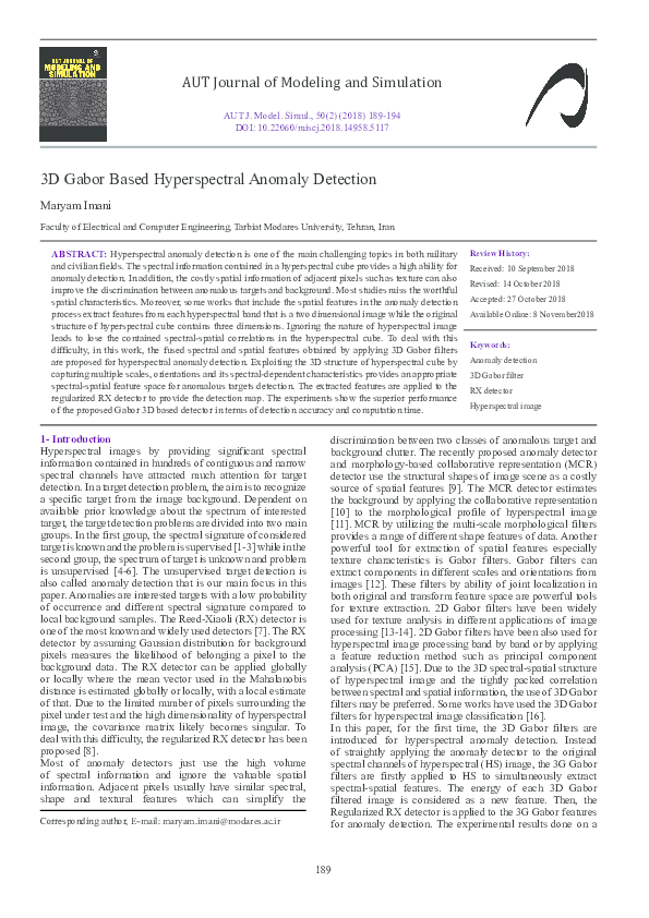 (PDF) 3D Gabor Based Hyperspectral Anomaly Detection