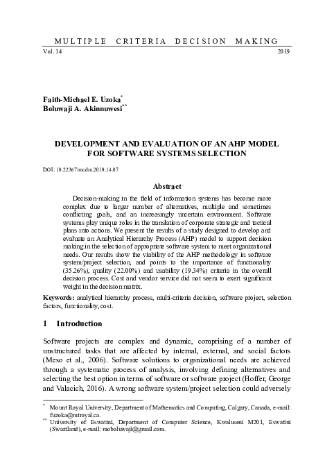 (PDF) DEVELOPMENT AND EVALUATION OF AN AHP MODEL FOR SOFTWARE SYSTEMS ...