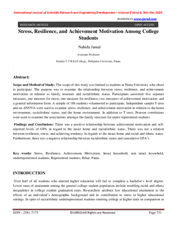 (PDF) Stress, Resilience, and Achievement Motivation Among College Students