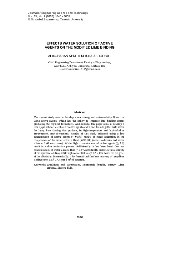 (PDF) EFFECTS WATER SOLUTION OF ACTIVE AGENTS ON THE MODIFIED LIME BINDING