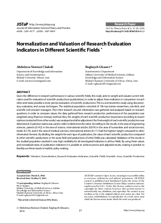 (PDF) Normalization and Valuation of Research Evaluation Indicators in ...