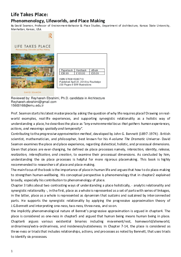 (PDF) Book Review, Life Takes Place: Phenomenology, Lifeworlds, and ...