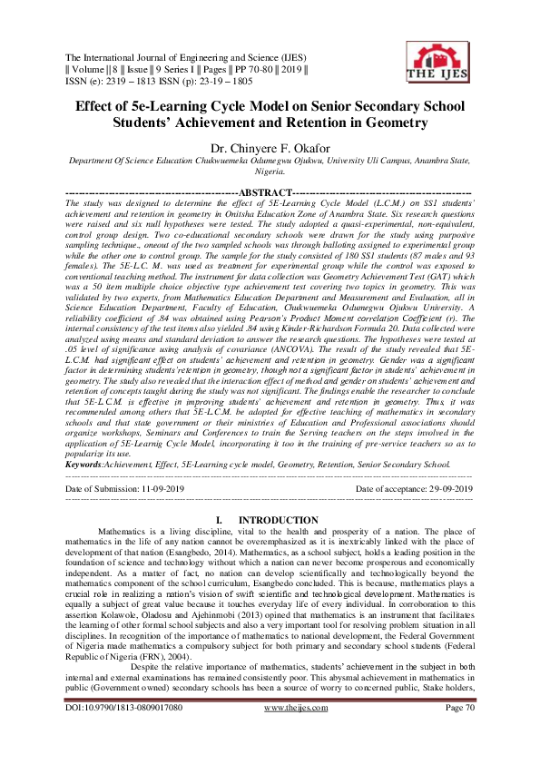 (PDF) Effect of 5e-Learning Cycle Model on Senior Secondary School ...