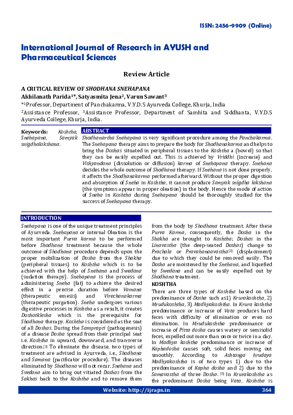 (PDF) A CRITICAL REVIEW OF SHODHANA SNEHAPANA