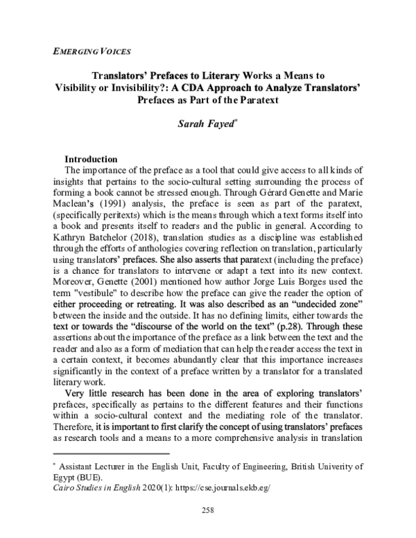 (PDF) Translators' Prefaces to Literary works a means to Visibility or ...