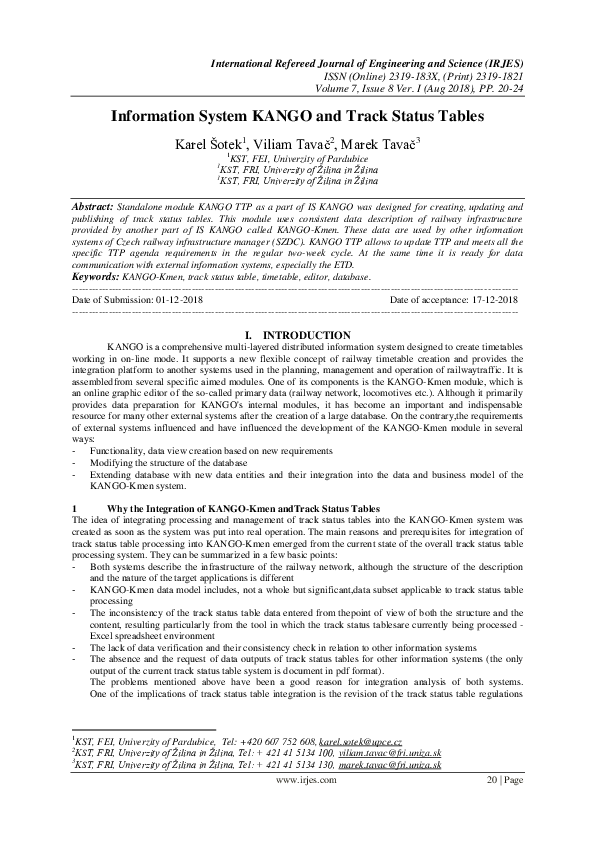 (PDF) Information System KANGO and Track Status Tables