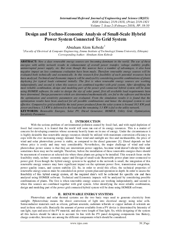 (PDF) Design and Techno-Economic Analysis of Small-Scale Hybrid Power ...