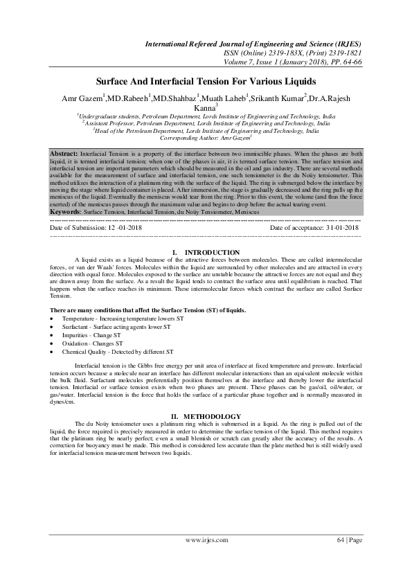 (PDF) Surface And Interfacial Tension For Various Liquids