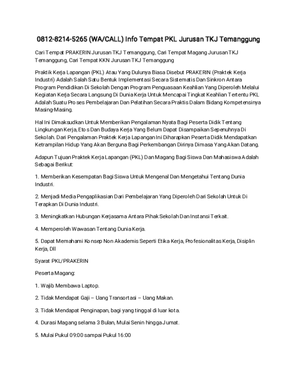0812-8214-5265 (WA/CALL) Info Tempat PKL Jurusan TKJ Temanggung