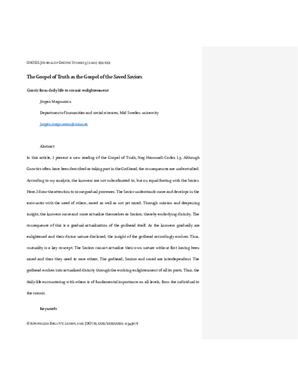 (PDF) GNOSIS: JOURNAL OF GNOSTIC STUDIES The Gospel of Truth as the ...