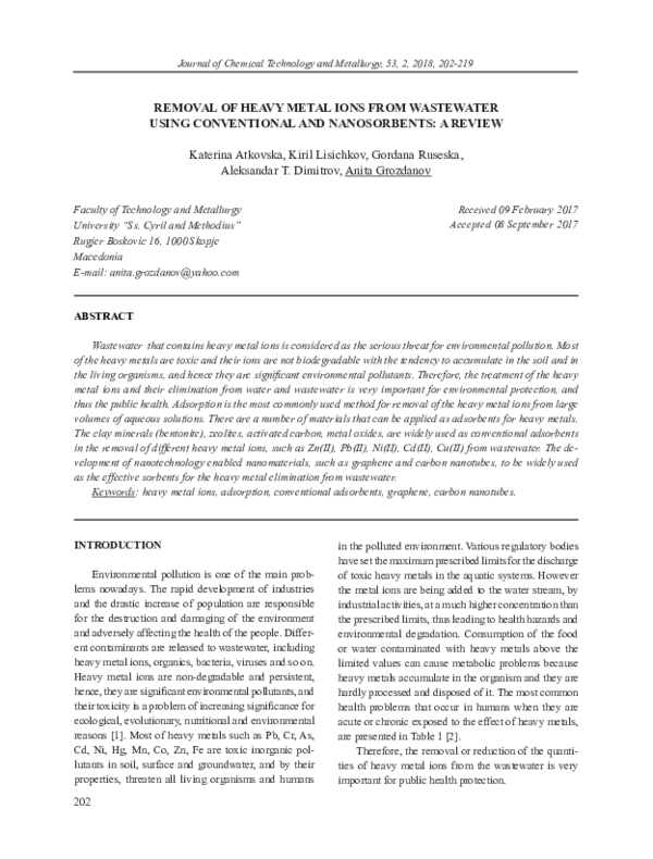 (PDF) REMOVAL OF HEAVY METAL IONS FROM WASTEWATER USING CONVENTIONAL ...